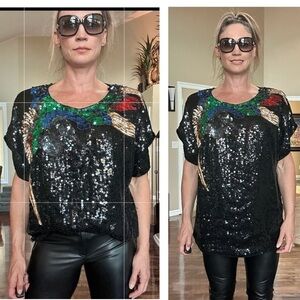ANN GREEN rare vintage retro 70s 80s 90s sequin beaded bird short sleeve blouse